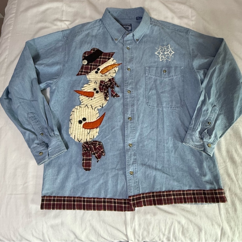Allsport Denim Jean Shirt Size Large Longsleeve  Women Snowman Applique Teacher